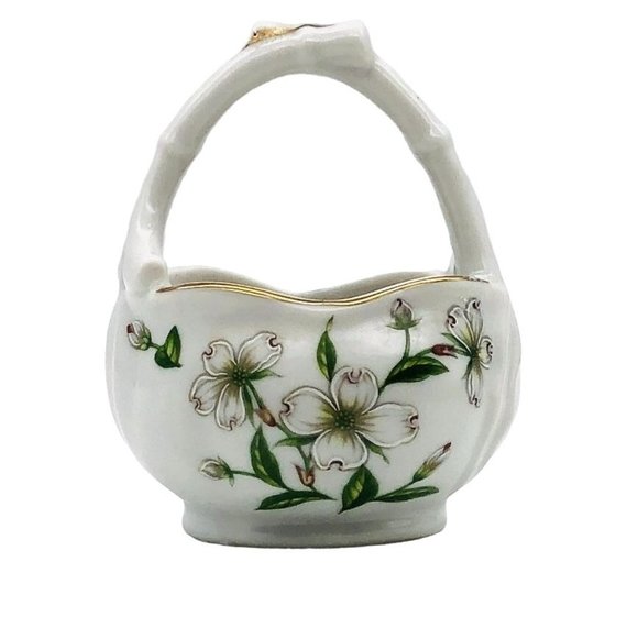 Vintage Lefton Porcelain Trinket Basket Hand Painted Dogwood Flowers Gilt Japan - Picture 1 of 9